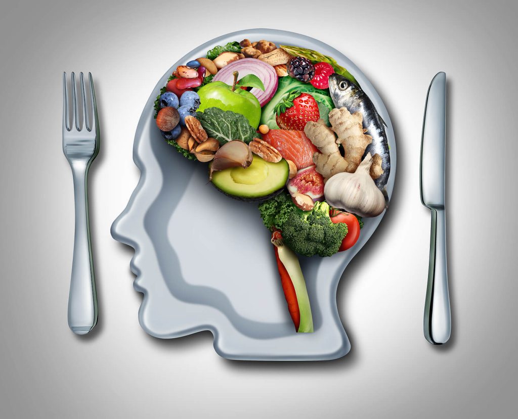 Plate in the shape of a brain representing the connection between food and mental health. What we put into our bodies impacts the emotions that come out! Nutritional Psychiatry in Arizona can help you learn what your bodyu needs to support not only your physical health, but also your mental health.